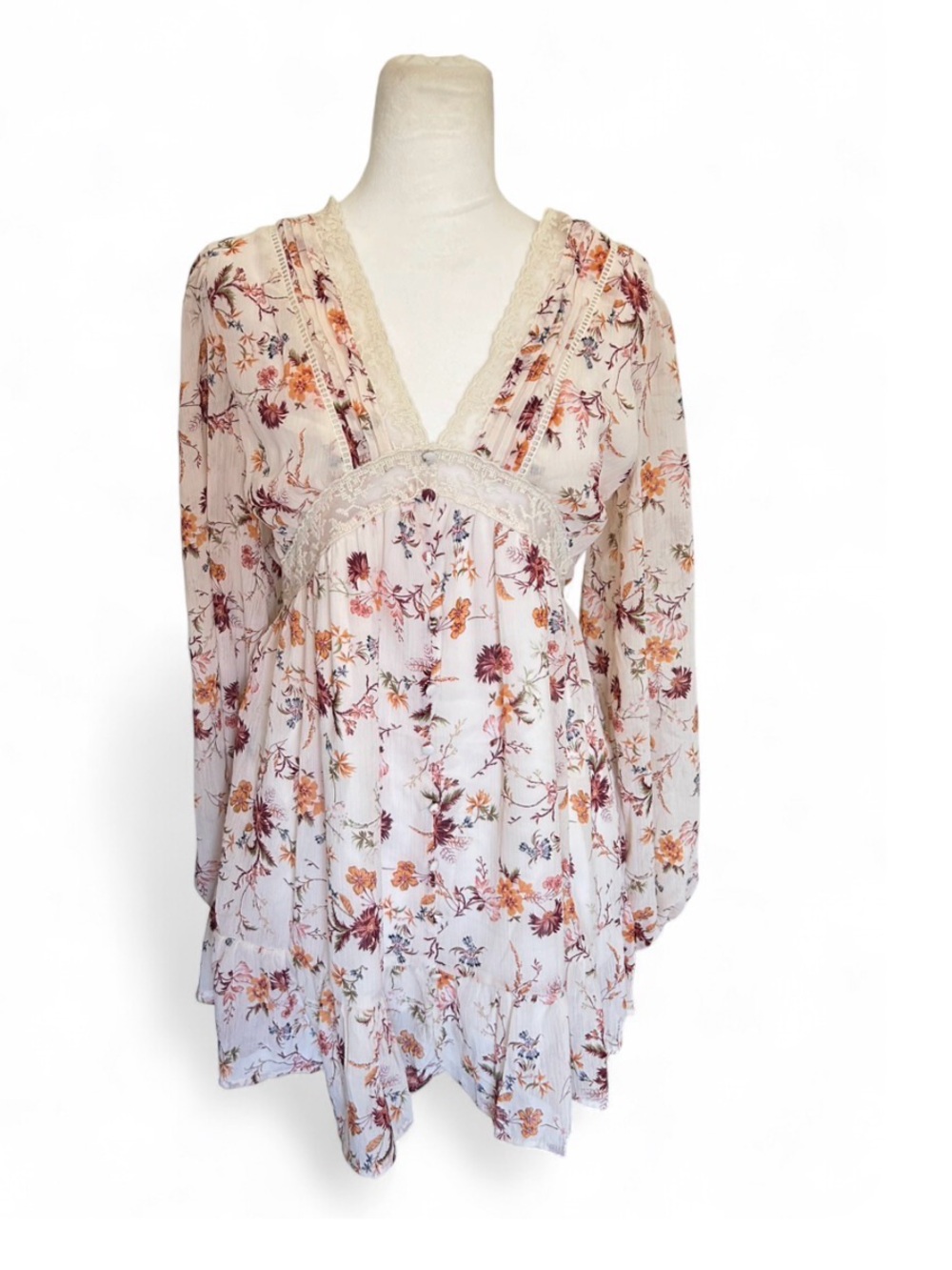 Blue Rain Cream Floral Lace-Trim Boho Dress with button detailing - Medium
